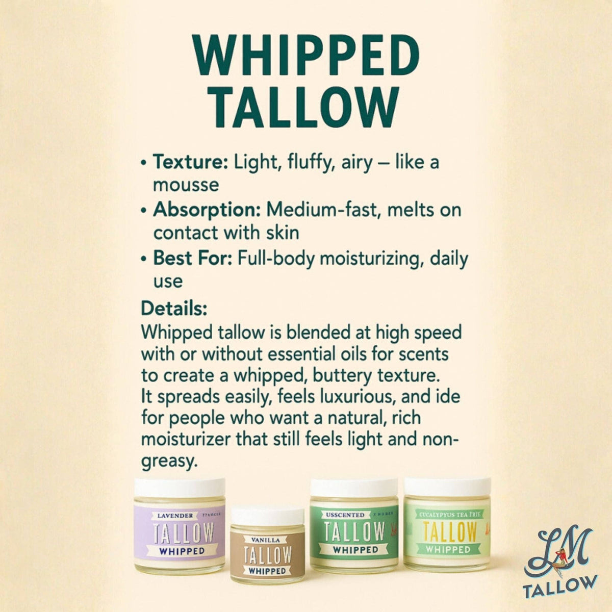 Unscented Whipped Tallow – All-Natural Moisturizer | Pure Beef Tallow Cream for Face & Body |Lady May Handmade, Preservative-Free Skincare