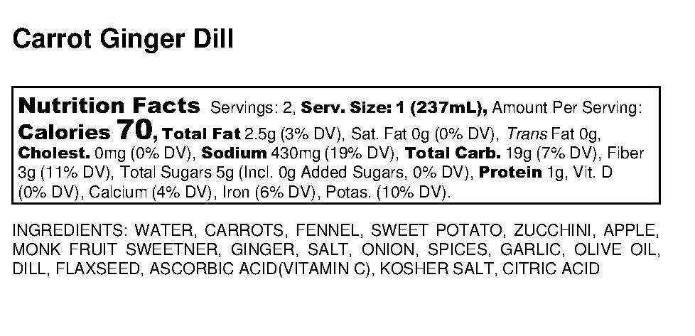 Carrot Ginger Dill Soup -16 Oz Plant Based & Gluten Free