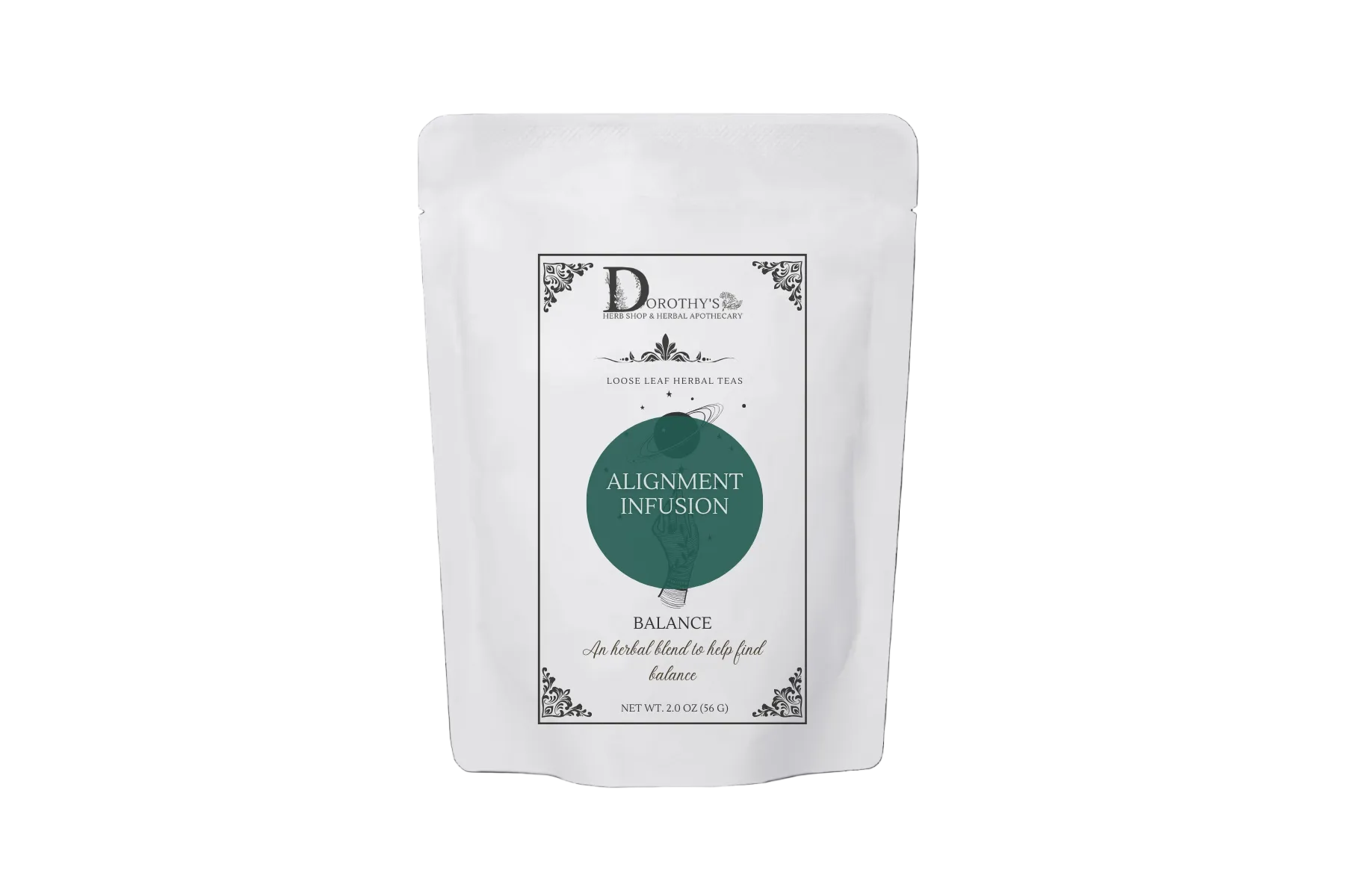 A package of Alignment Herbal Loose Leaf Infusion by Dorothy's, featuring an organic tea blend with ingredients like lavender, rose petals, and damiana.